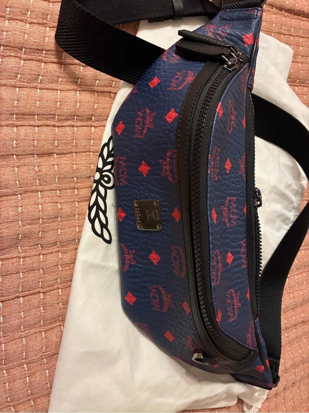 MCM Navy with Red Logo Leather Belt Bag